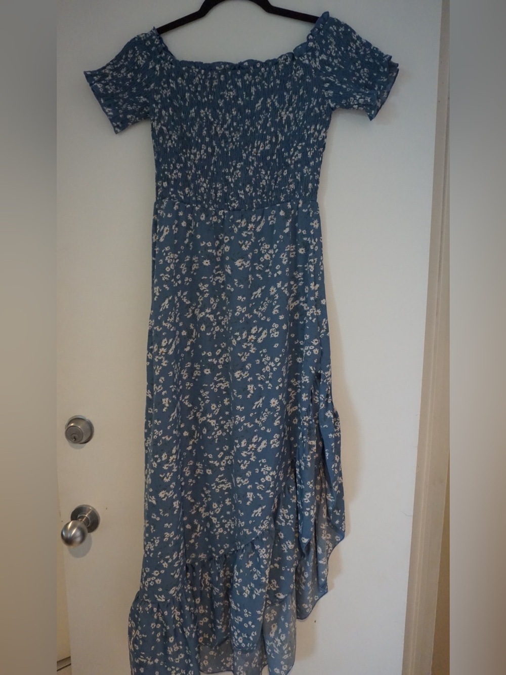 Simple Blue Floral Maxi Dress with Smocked Bodice - Picture 4 of 5